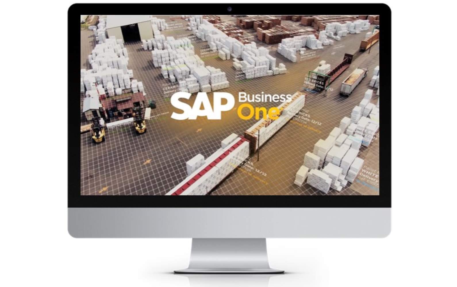 Screen showing SAP Business One over a warehouse view, the ERP for small and mid-sized companies
